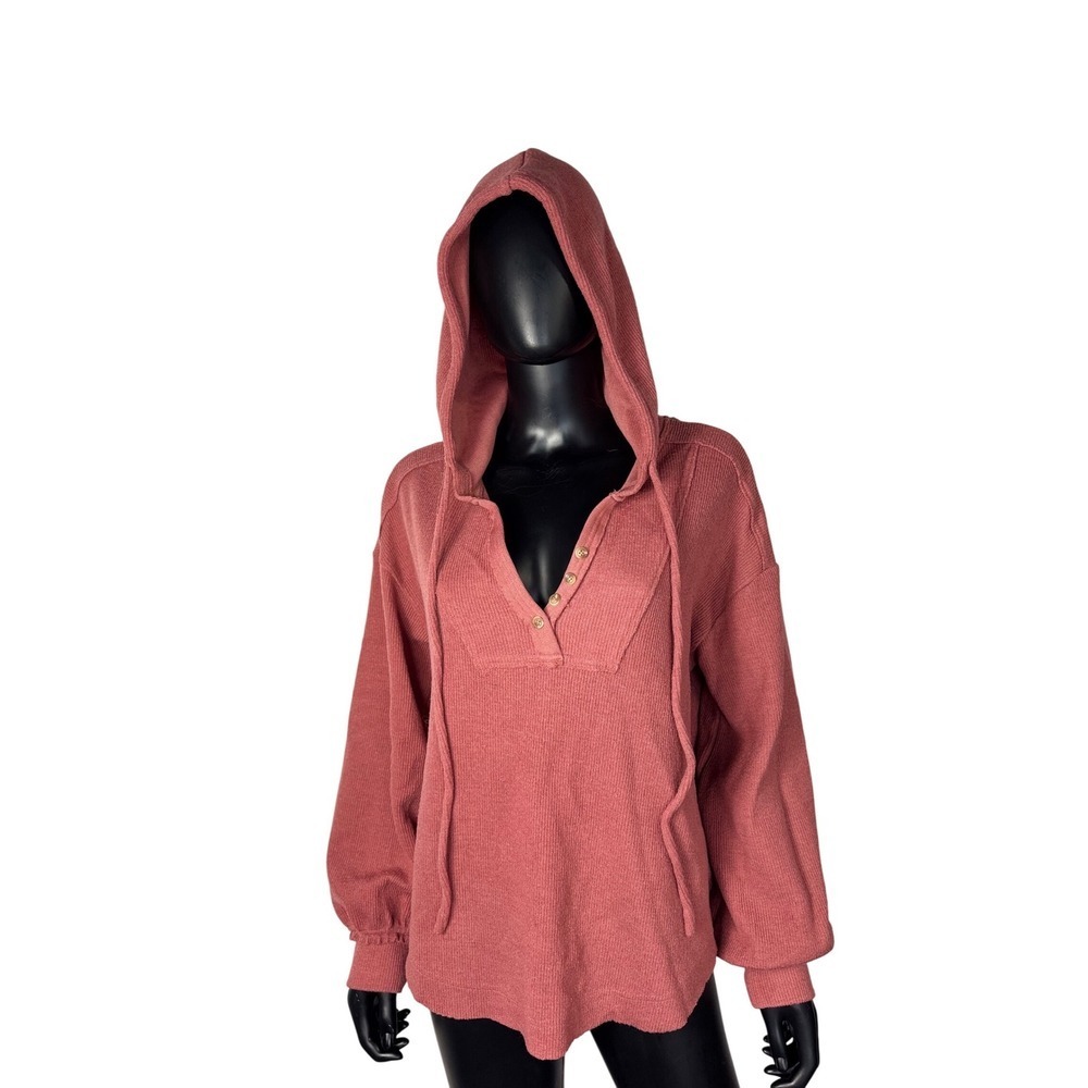 New in Hooded Pullover Top Button‎ Detail Drawstring Coral Pink Casual Comfy M